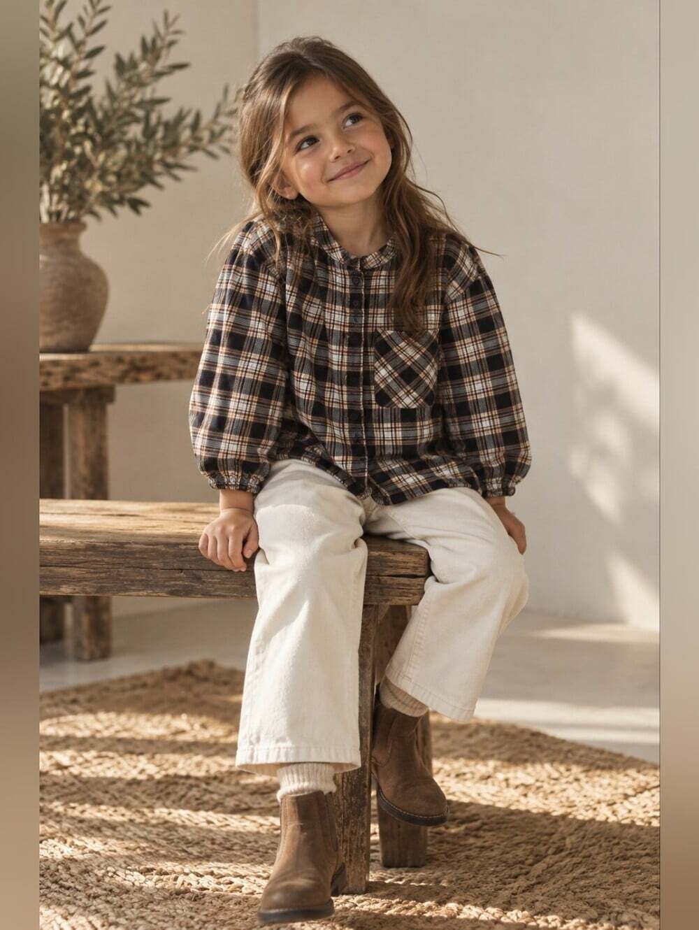 Zara Girls Plaid Button Front Shirt Size 5 110 Black Beige Grunge Academia